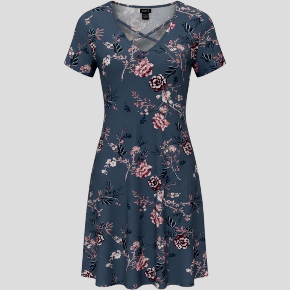 rue21 Dress A-Line Floral Polyester Spandex Large Blue Summer Boho
